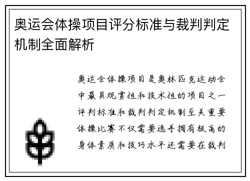 奥运会体操项目评分标准与裁判判定机制全面解析