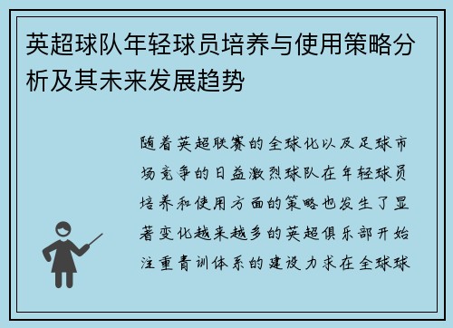 英超球队年轻球员培养与使用策略分析及其未来发展趋势