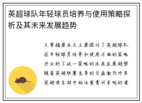英超球队年轻球员培养与使用策略探析及其未来发展趋势